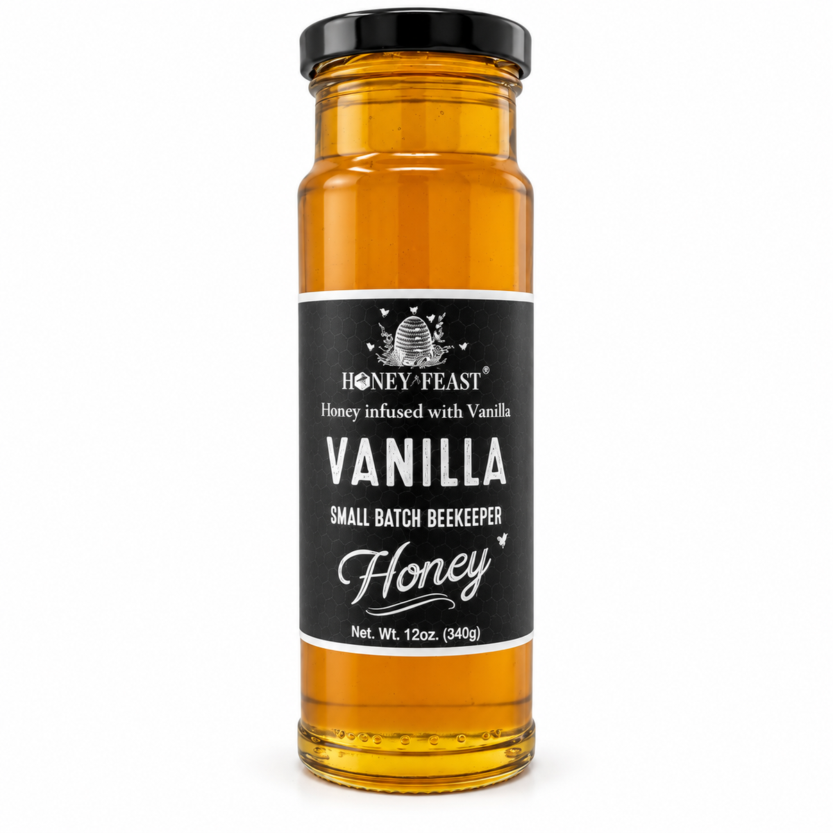 Vanilla infused honey 12oz glass jar on a white background