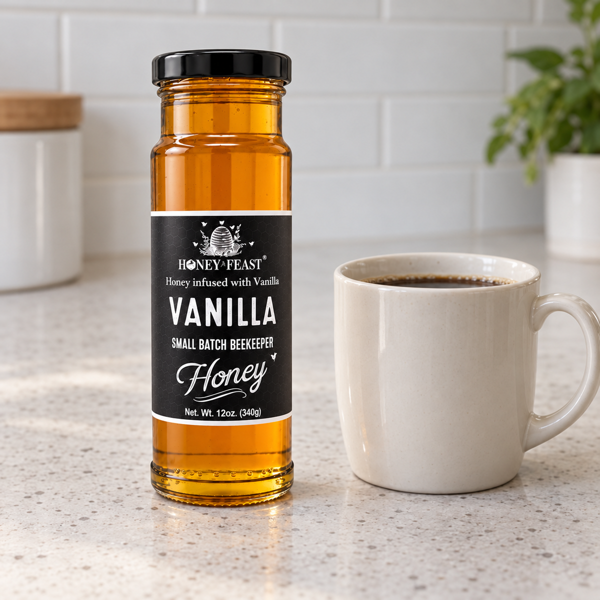Vanilla honey glass jar beside coffee