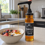 Vanilla honey glass jar with optional honey pump beside yogurt