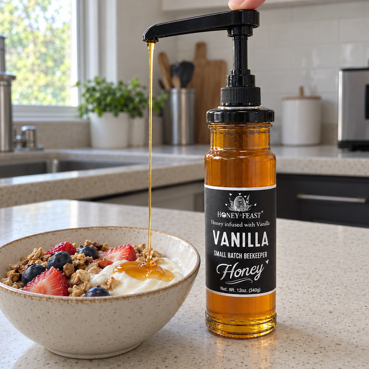 Vanilla honey glass jar with optional honey pump beside yogurt
