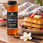 Vanilla Honey 12oz plastic bottle in a natural breakfast serving scene
