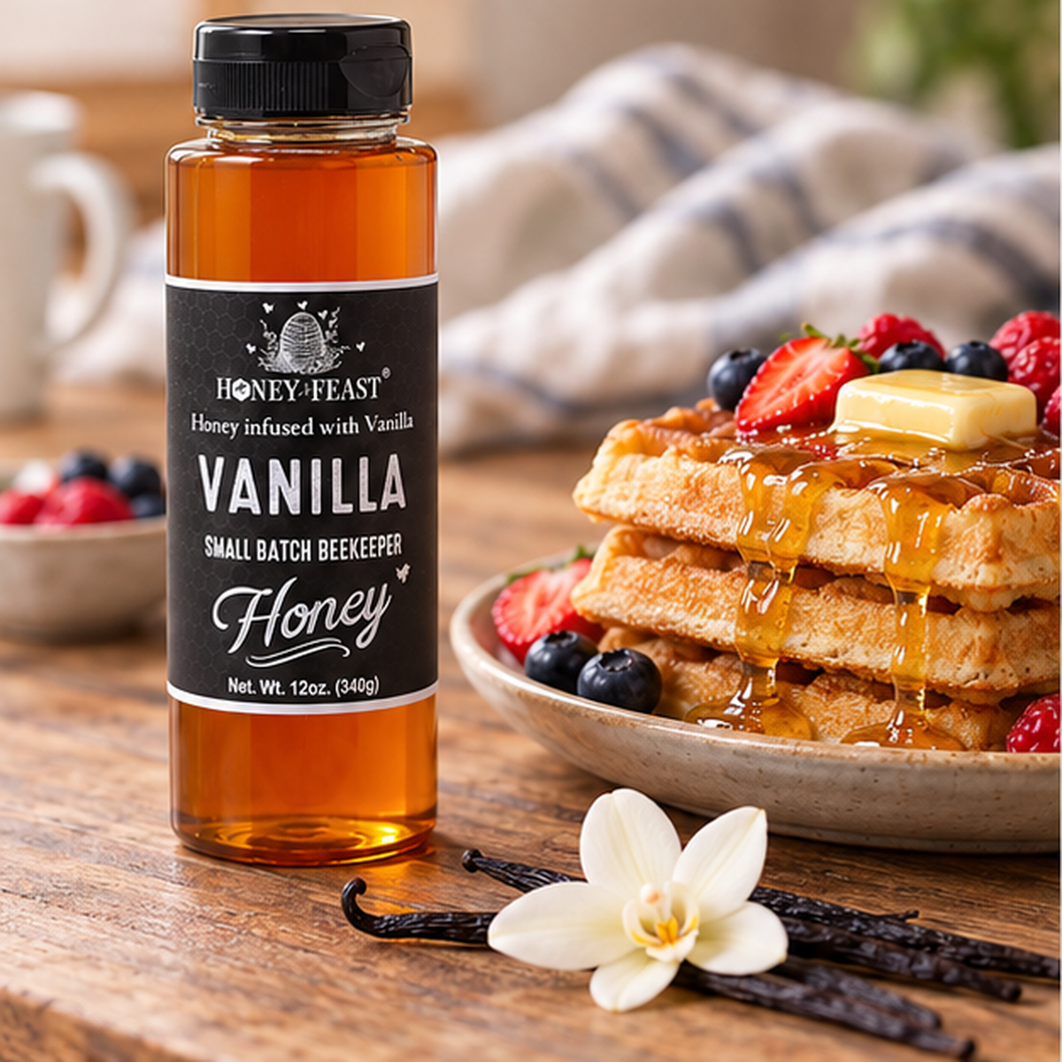 Vanilla Honey 12oz plastic bottle in a natural breakfast serving scene