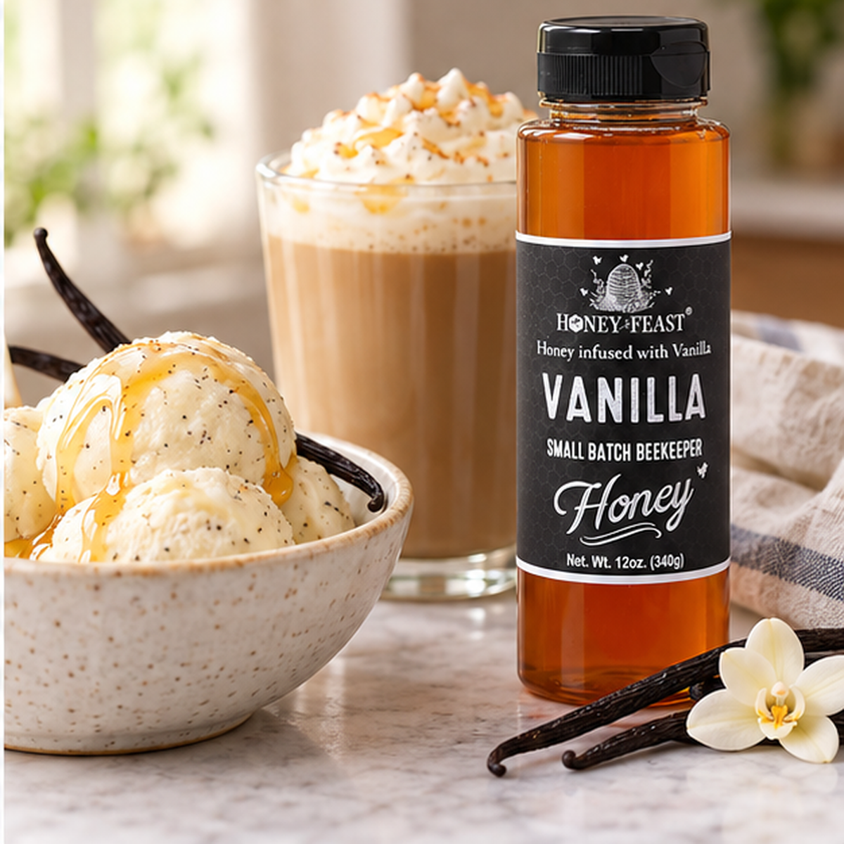 Vanilla Honey 12oz plastic bottle in a natural coffee and dessert serving scene