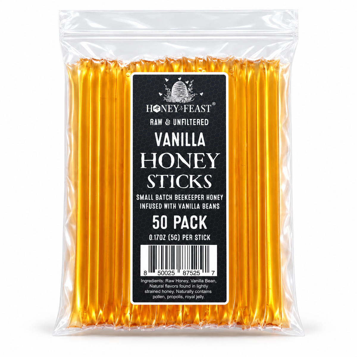 Honey Feast Vanilla Honey Sticks 50-pack on a pure white background