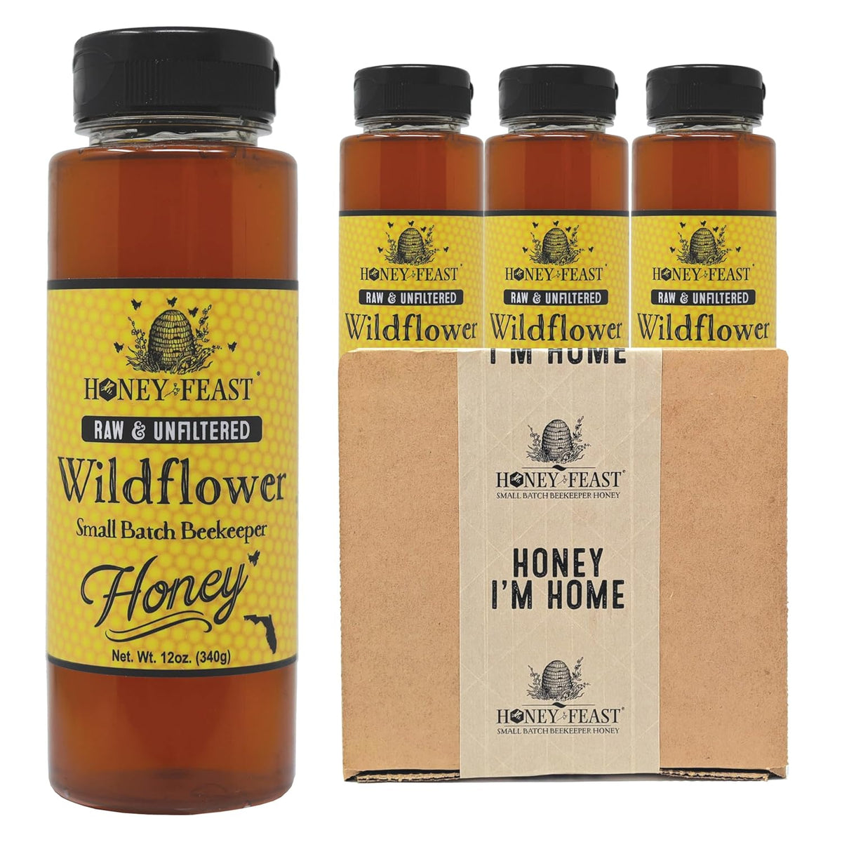 Wildflower Honey 12oz 3-Pack — three 12oz plastic jars