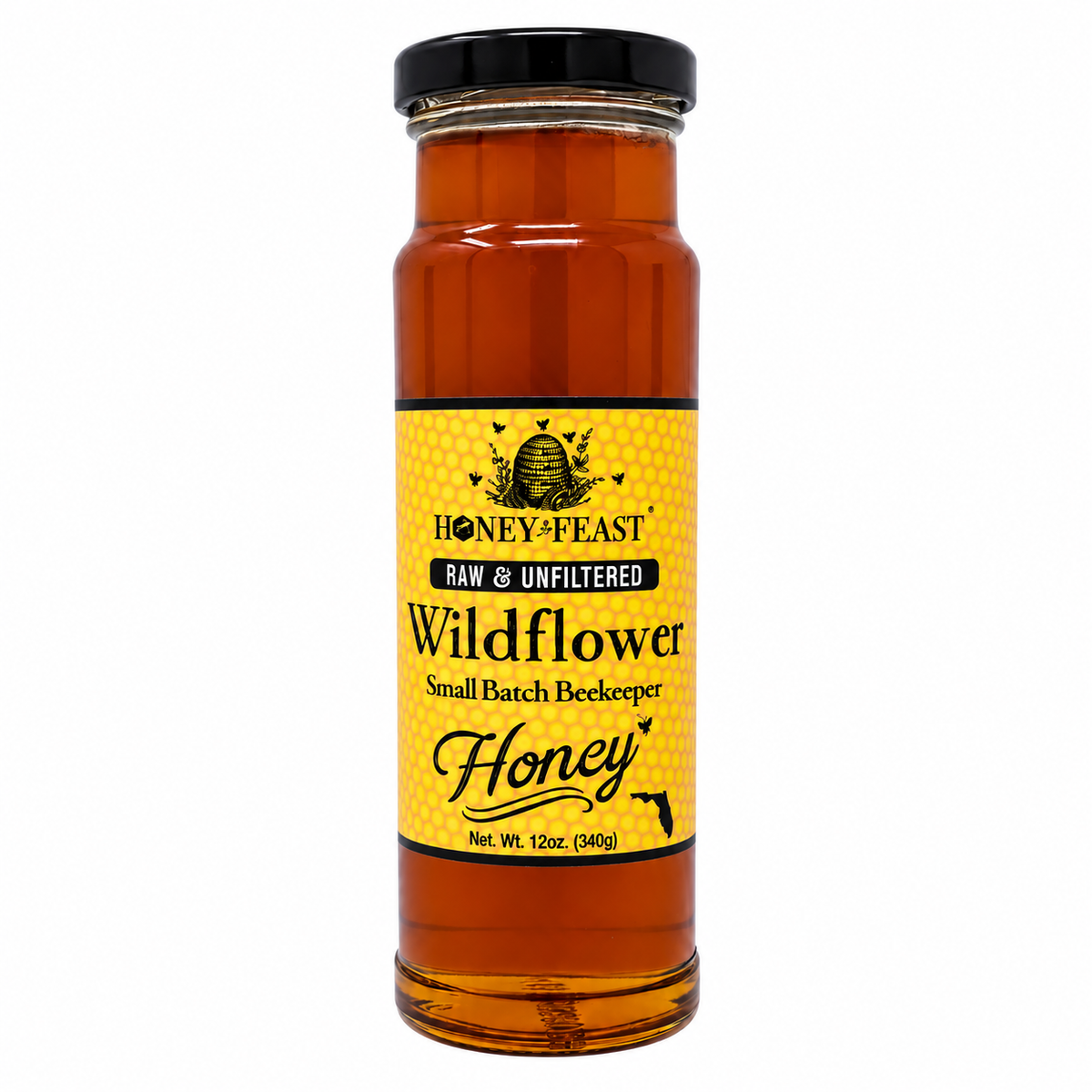 Honey Feast Wildflower Honey in a 12oz glass jar with black lid