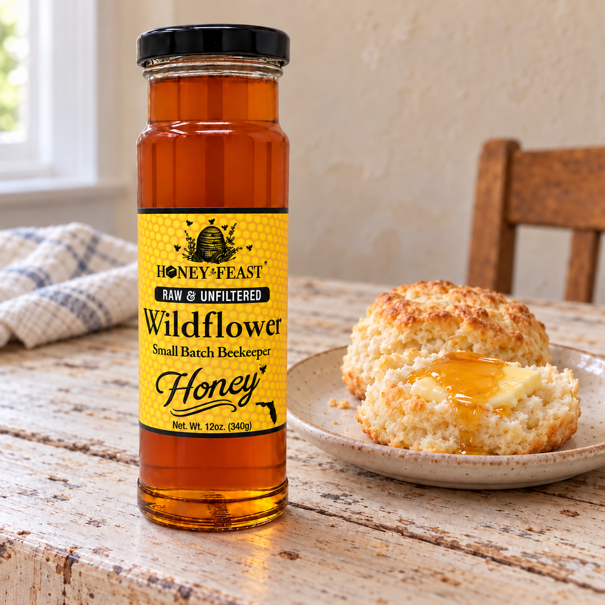 Honey Feast Wildflower Honey 12oz glass jar served with biscuits