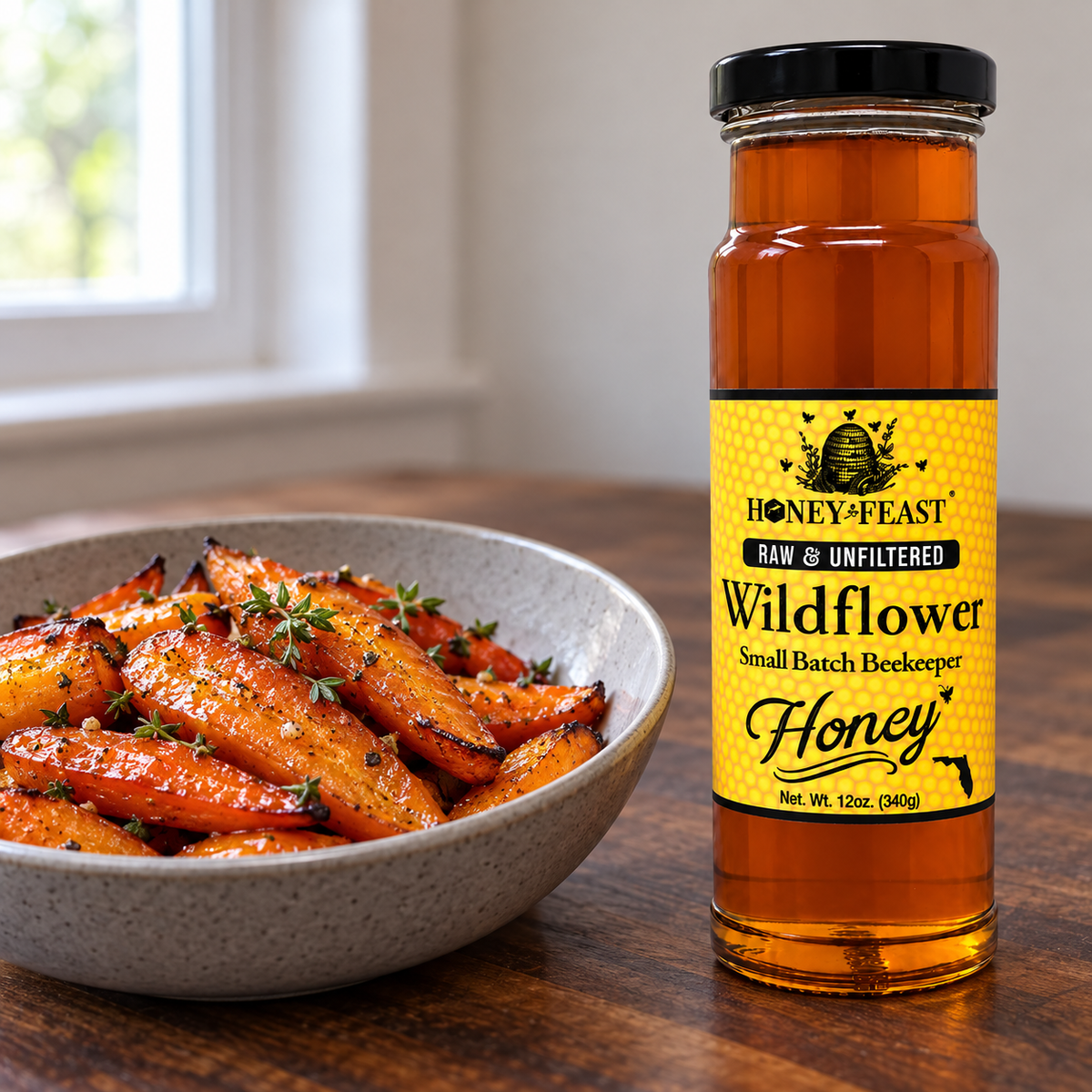 Honey Feast Wildflower Honey 12oz glass jar beside honey-glazed carrots