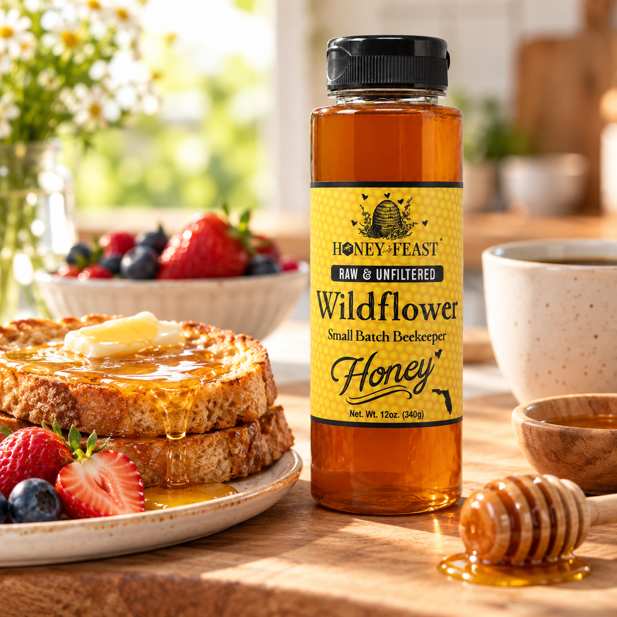Honey Feast Wildflower Honey 12oz plastic squeeze bottle in a bright breakfast setting with toast, berries and honey