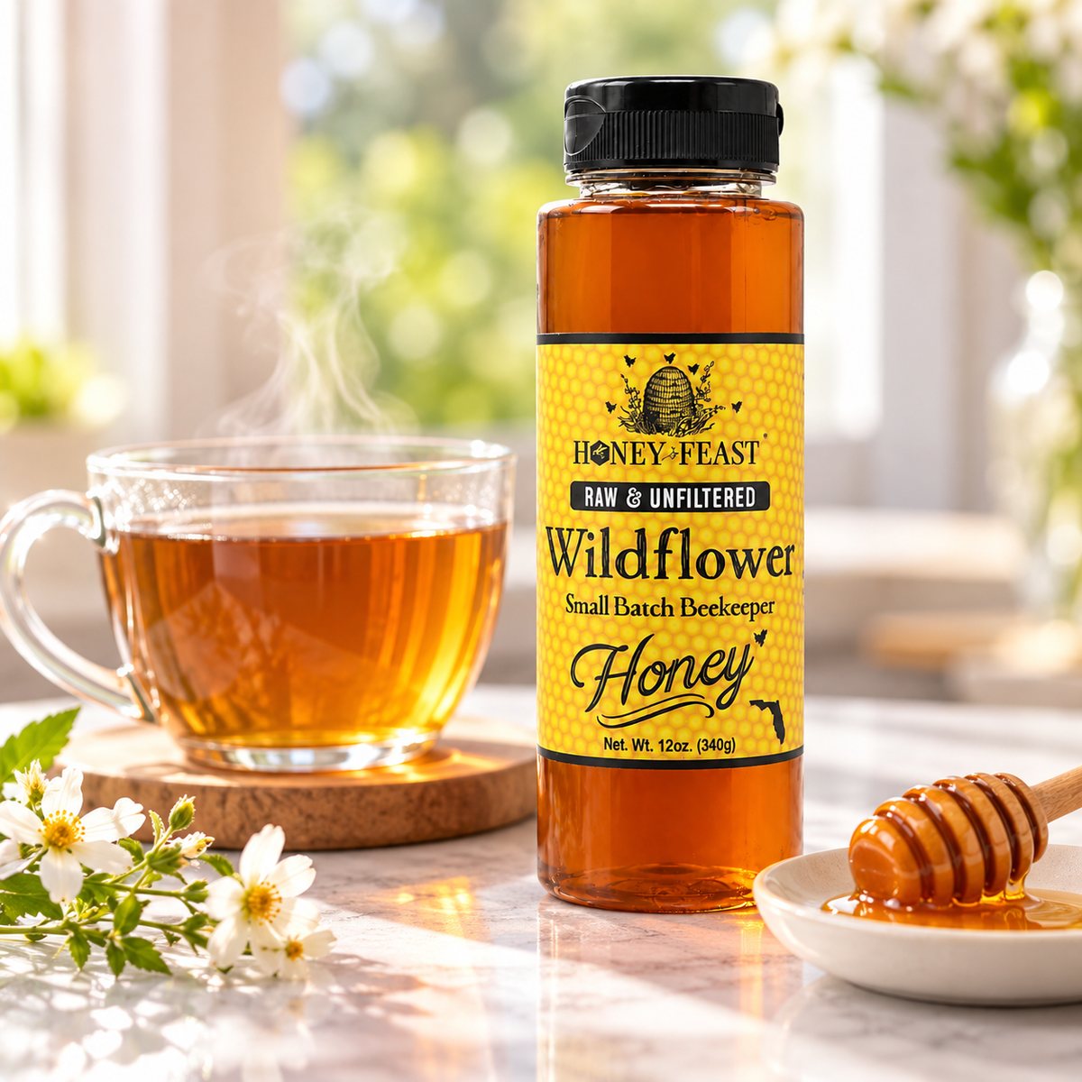 Honey Feast Wildflower Honey 12oz plastic squeeze bottle beside tea and honey in a simple lifestyle setting