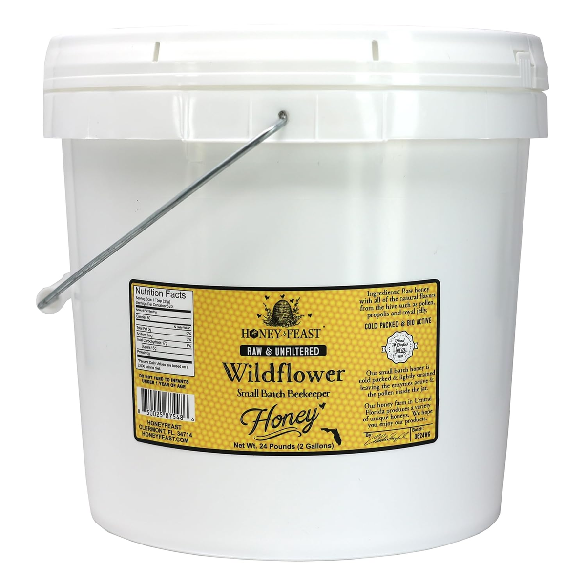 Honey Feast Wildflower Honey, 2-gallon bucket containing 24 pounds of honey, front view on a white background.