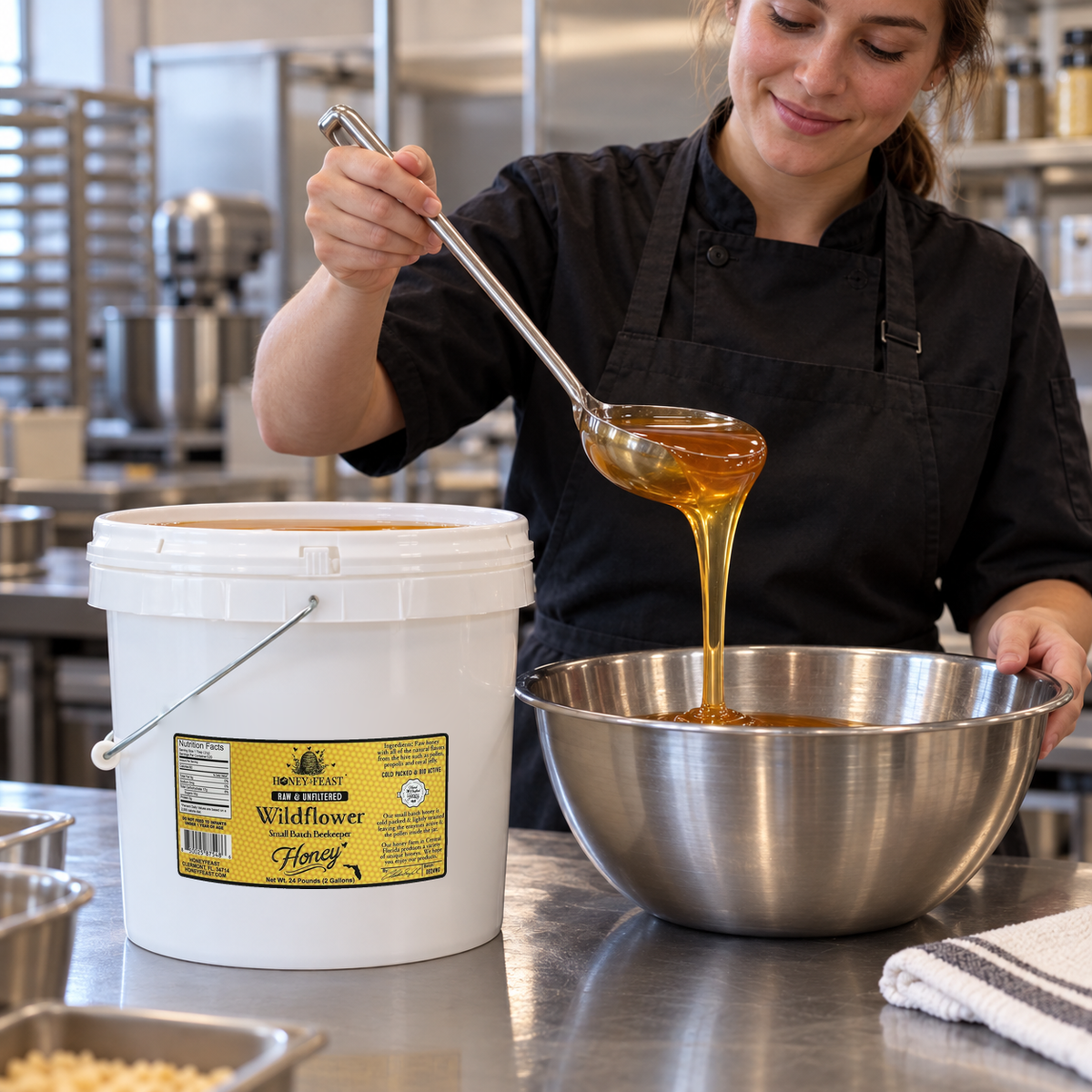 Honey Feast Wildflower Honey 2-gallon bucket beside a cook ladling honey into a stainless steel mixing bowl in a commercial kitchen.