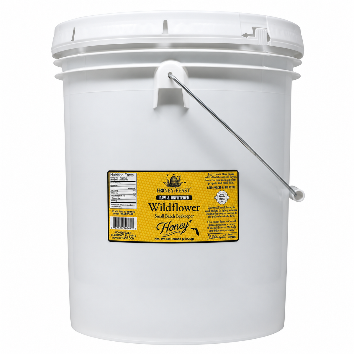 Honey Feast Wildflower Honey 5-gallon bucket, 60 pounds, front product image on white.