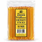 Honey Feast Wildflower Honey Sticks 50-pack in a clear resealable bag on a white background