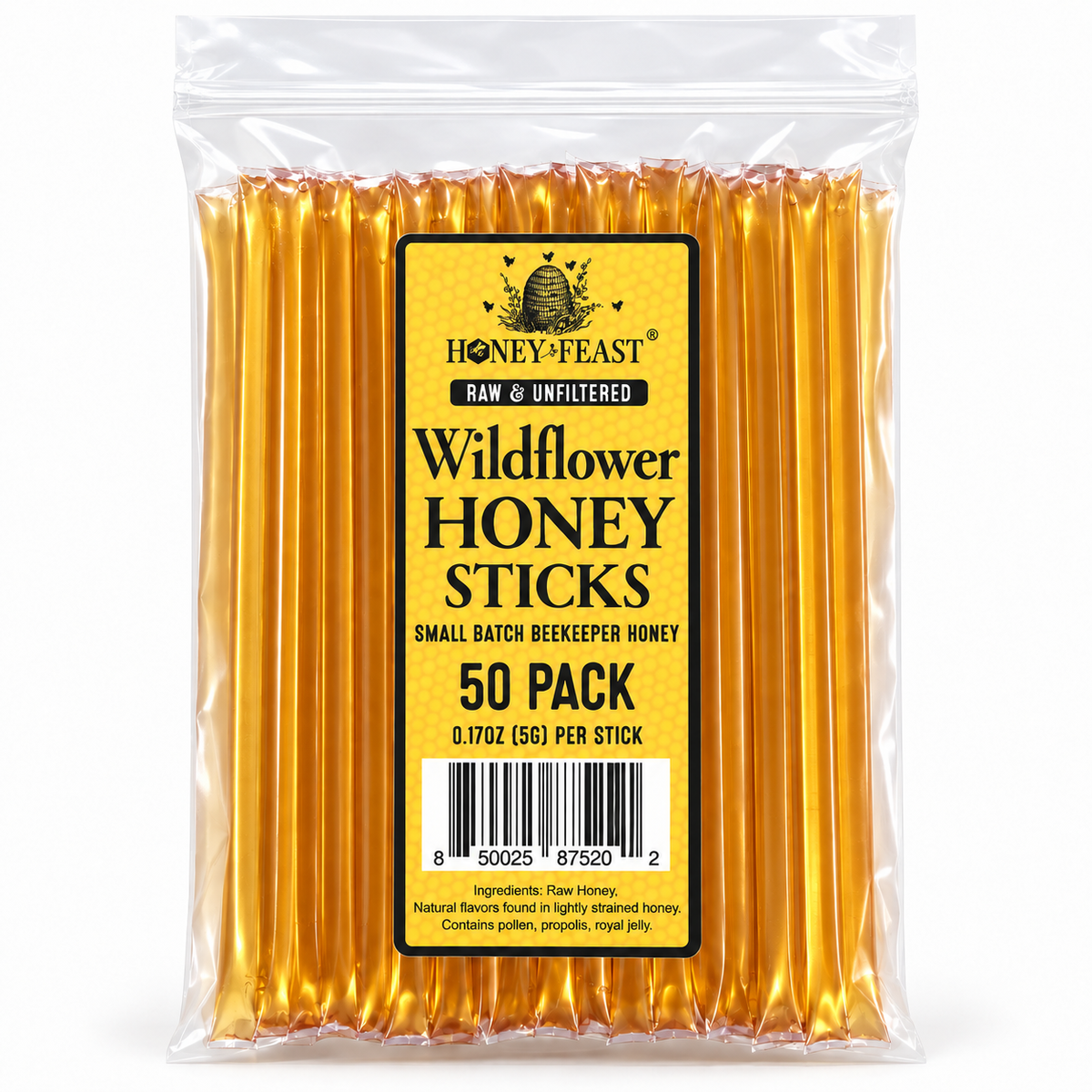Honey Feast Wildflower Honey Sticks 50-pack in a clear resealable bag on a white background