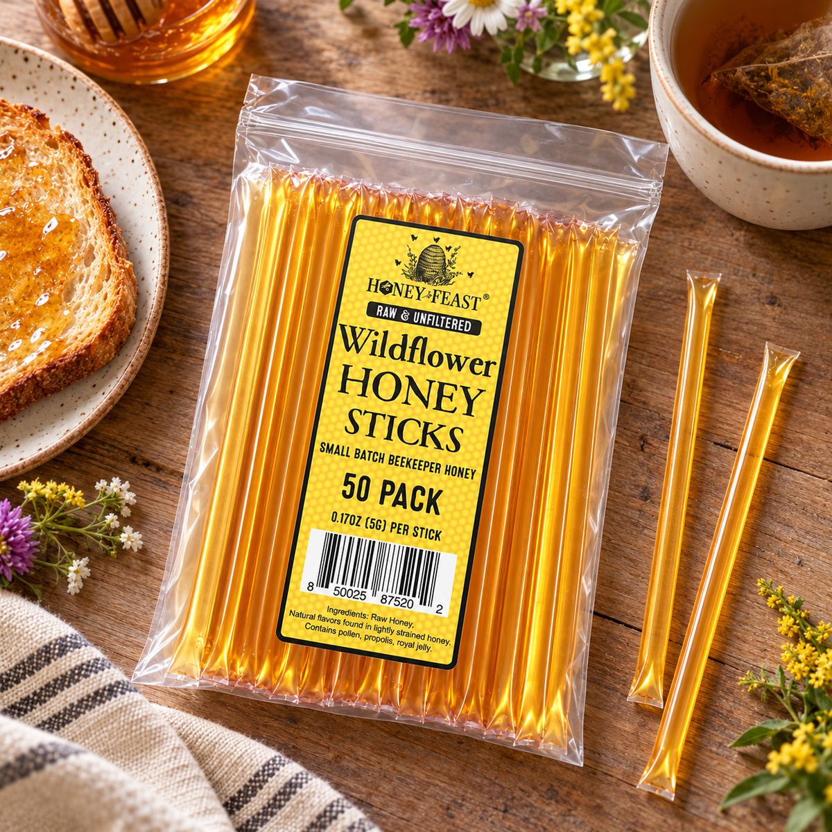Wildflower Honey Sticks 50-pack lying flat beside tea and wildflowers, with full-length loose sticks