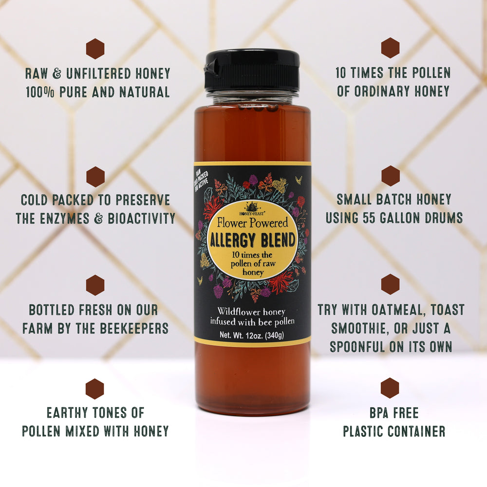 HONEY FEAST Allergy Blend Honey - 12oz Raw & Unfiltered, 10x Pollen for Allergy Seekers, Produced & Bottled by Beekeepers on Central Florida Apiary