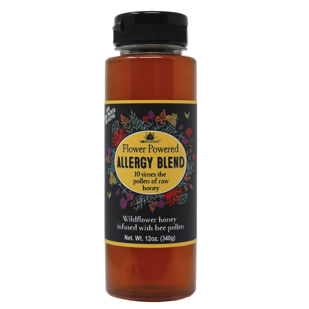 HONEY FEAST Allergy Blend Honey - 12oz Raw & Unfiltered, 10x Pollen for Allergy Seekers, Produced & Bottled by Beekeepers on Central Florida Apiary