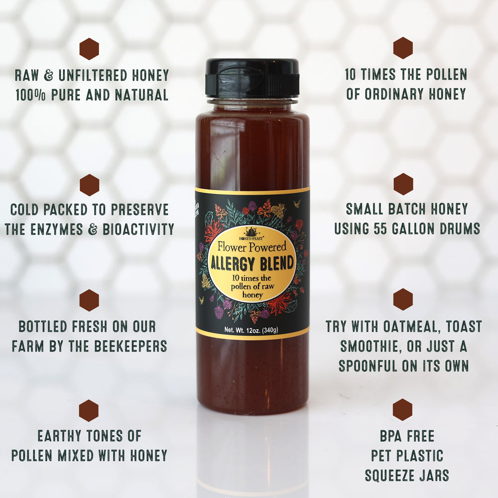 HONEY FEAST Bulk Case Allergy Blend Honey, 12oz Jars (6-Pack) - Artisanal Honey, Raw & Unfiltered, Enhanced Pollen, Florida Beekeepers' Craft