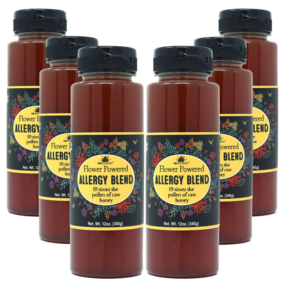 HONEY FEAST Bulk Case Allergy Blend Honey, 12oz Jars (6-Pack) - Artisanal Honey, Raw & Unfiltered, Enhanced Pollen, Florida Beekeepers' Craft