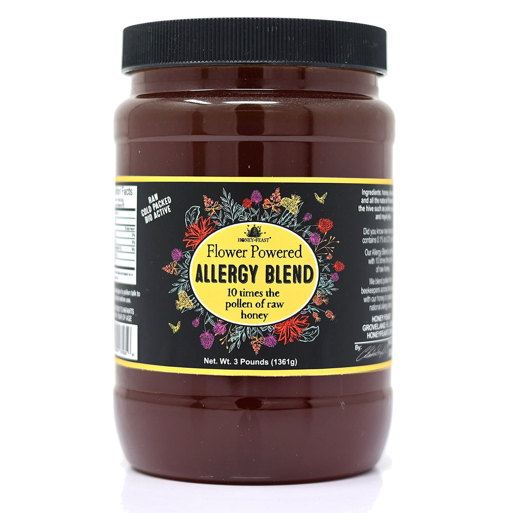 
            
                Load image into Gallery viewer, HONEY FEAST Allergy Blend Honey, 3lb Jar - Premium Honey, Raw &amp;amp; Unfiltered, Enhanced Pollen Content, Beekeeper Crafted in Central Florida Apiary
            
        