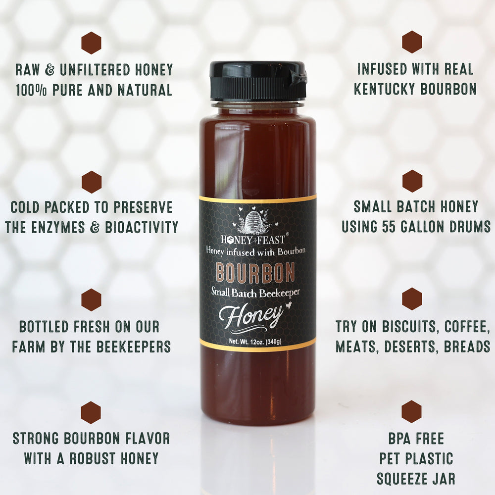 6-Pack HONEY FEAST Bourbon Honey 12oz | Artisan Raw Honey with Bourbon Infusion | Specialty Flavor for Gourmet Lovers | Distinctive Gift Set