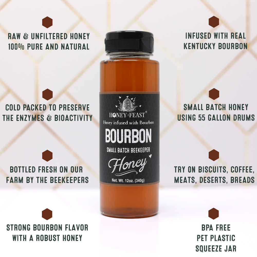 HONEY FEAST Bourbon Honey 12oz | Artisanal Small Batch Raw Honey | Exquisite Bourbon-Infused Honey | Ideal for Bourbon Enthusiasts & Gourmets