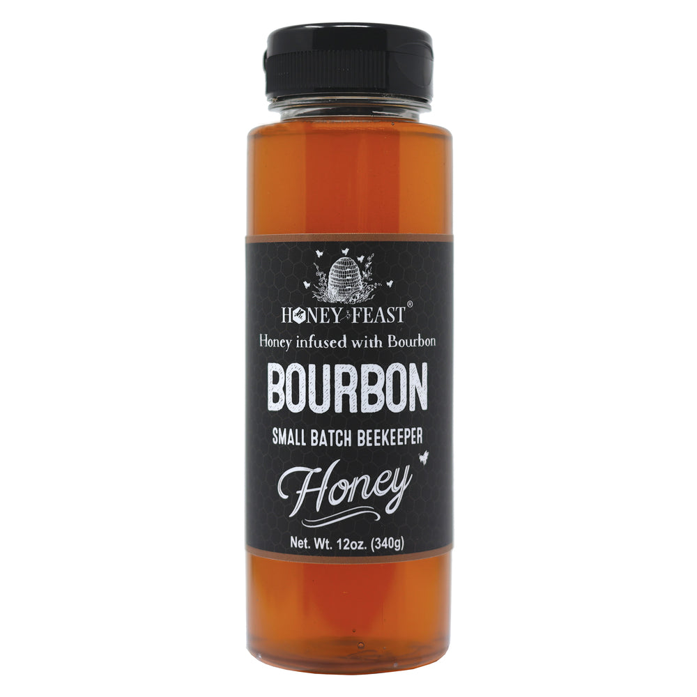 HONEY FEAST Bourbon Honey 12oz | Artisanal Small Batch Raw Honey | Exquisite Bourbon-Infused Honey | Ideal for Bourbon Enthusiasts & Gourmets