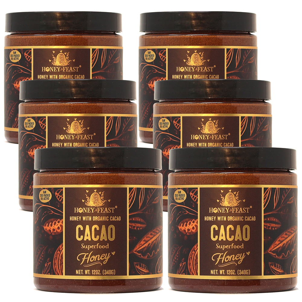 
            
                Load image into Gallery viewer, 6-Pack HONEY FEAST Raw Honey with Organic Cacao, 12oz | Gourmet Chocolate-Flavored Honey | Cocoa Honey Blend | Ideal for Culinary Enthusiasts &amp;amp; Gifts
            
        