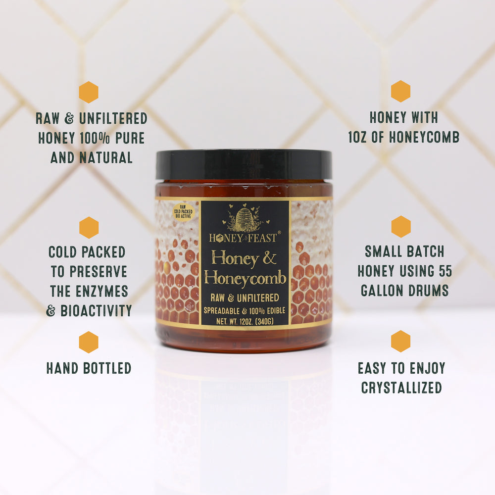 Honey Feast 12oz Honey and Honeycomb Jar - Gourmet Raw, Unfiltered Florida Honey with Edible Comb, Natural Goodness for Foodies & Tea Enthusiasts, Perfect Unique Gift for Bee Lovers & Culinary Delights