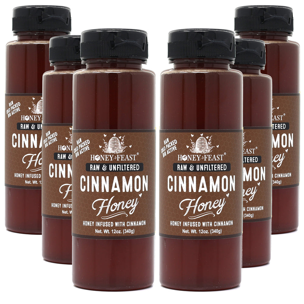HONEY MAY BE CRYSTALLIZED - HONEY FEAST Cinnamon Honey 12oz 6 Pack – Organic Cinnamon Infusion, Pure Honey, Unfiltered Sweetness, Ideal for Beverages, Baking, and Spreading