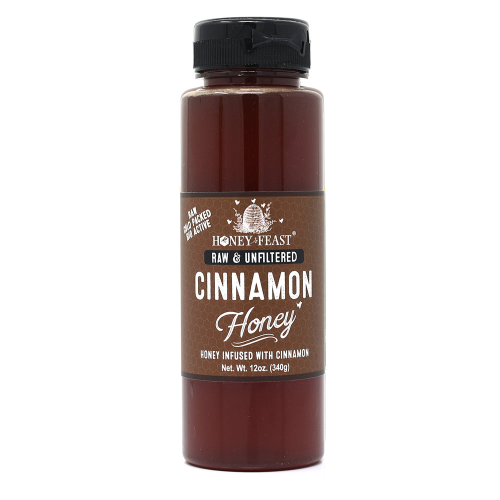 HONEY FEAST Cinnamon Honey 12oz – Organic Cinnamon Infused Honey, Raw Unfiltered Honey, Delicious Natural Sweetener for Tea, Toast, and More