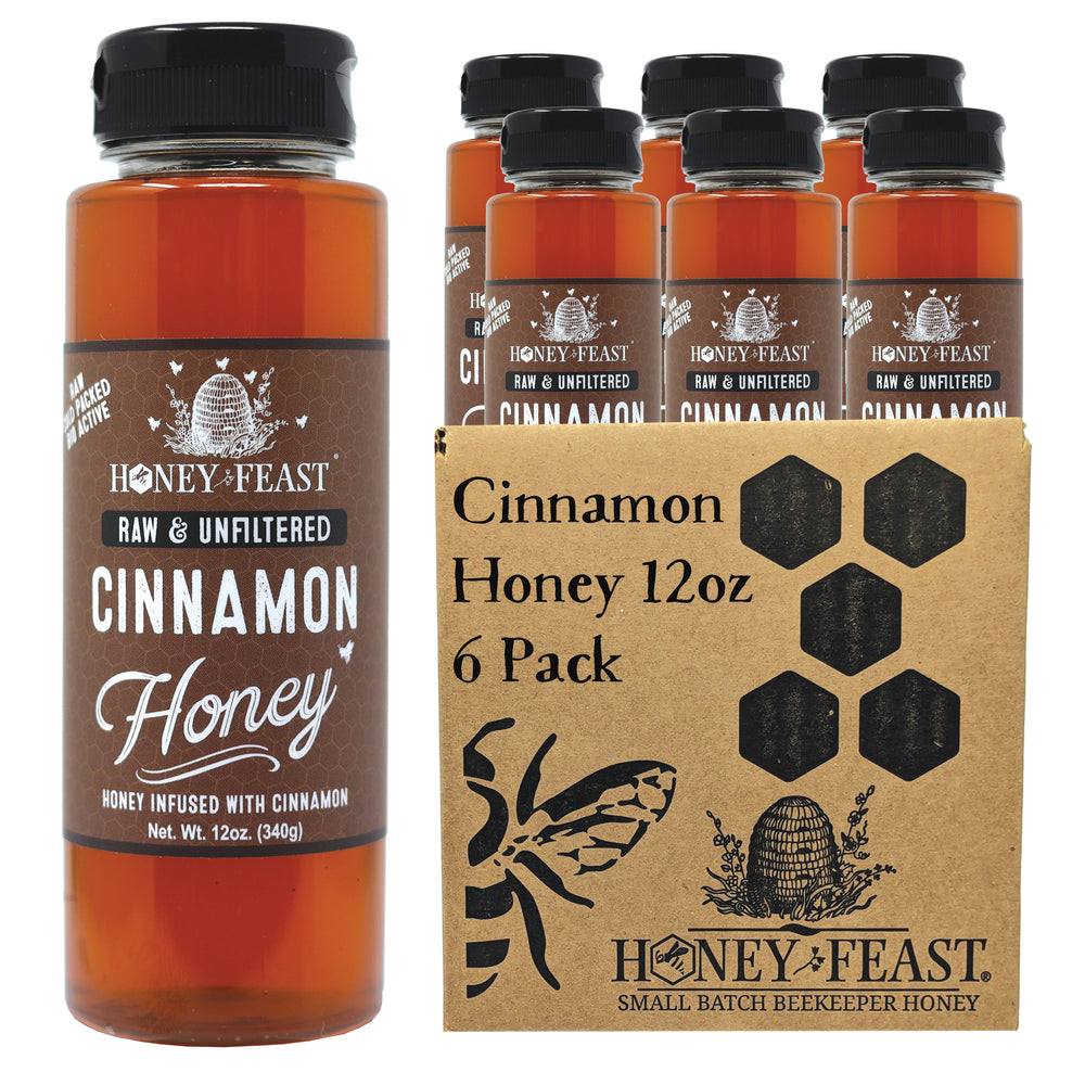 HONEY FEAST Cinnamon Honey 12oz 6 Pack – Organic Cinnamon Infusion, Pure Honey, Unfiltered Sweetness, Ideal for Beverages, Baking, and Spreading