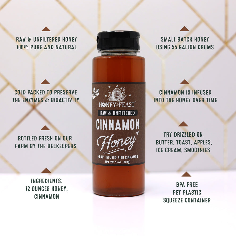 HONEY FEAST Cinnamon Honey 12oz – Organic Cinnamon Infused Honey, Raw Unfiltered Honey, Delicious Natural Sweetener for Tea, Toast, and More