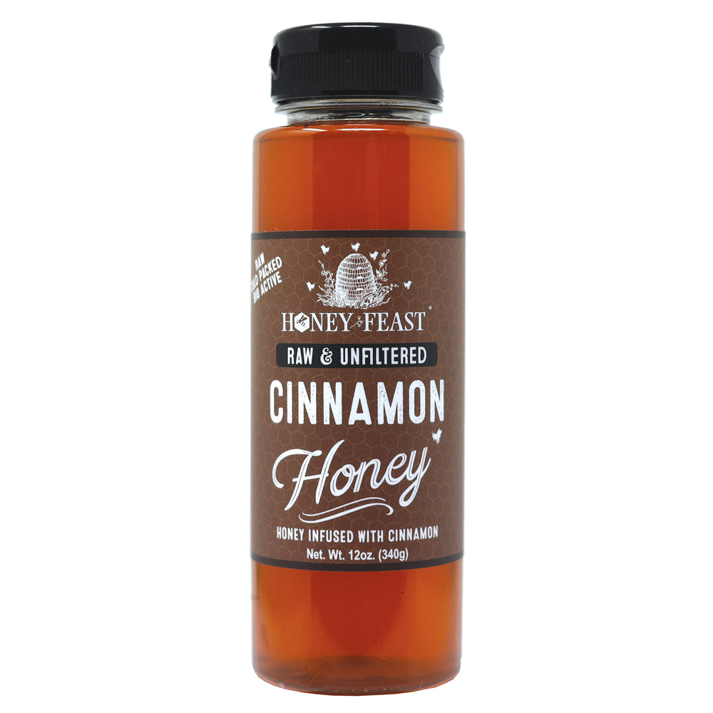 HONEY FEAST Cinnamon Honey 12oz – Organic Cinnamon Infused Honey, Raw Unfiltered Honey, Delicious Natural Sweetener for Tea, Toast, and More