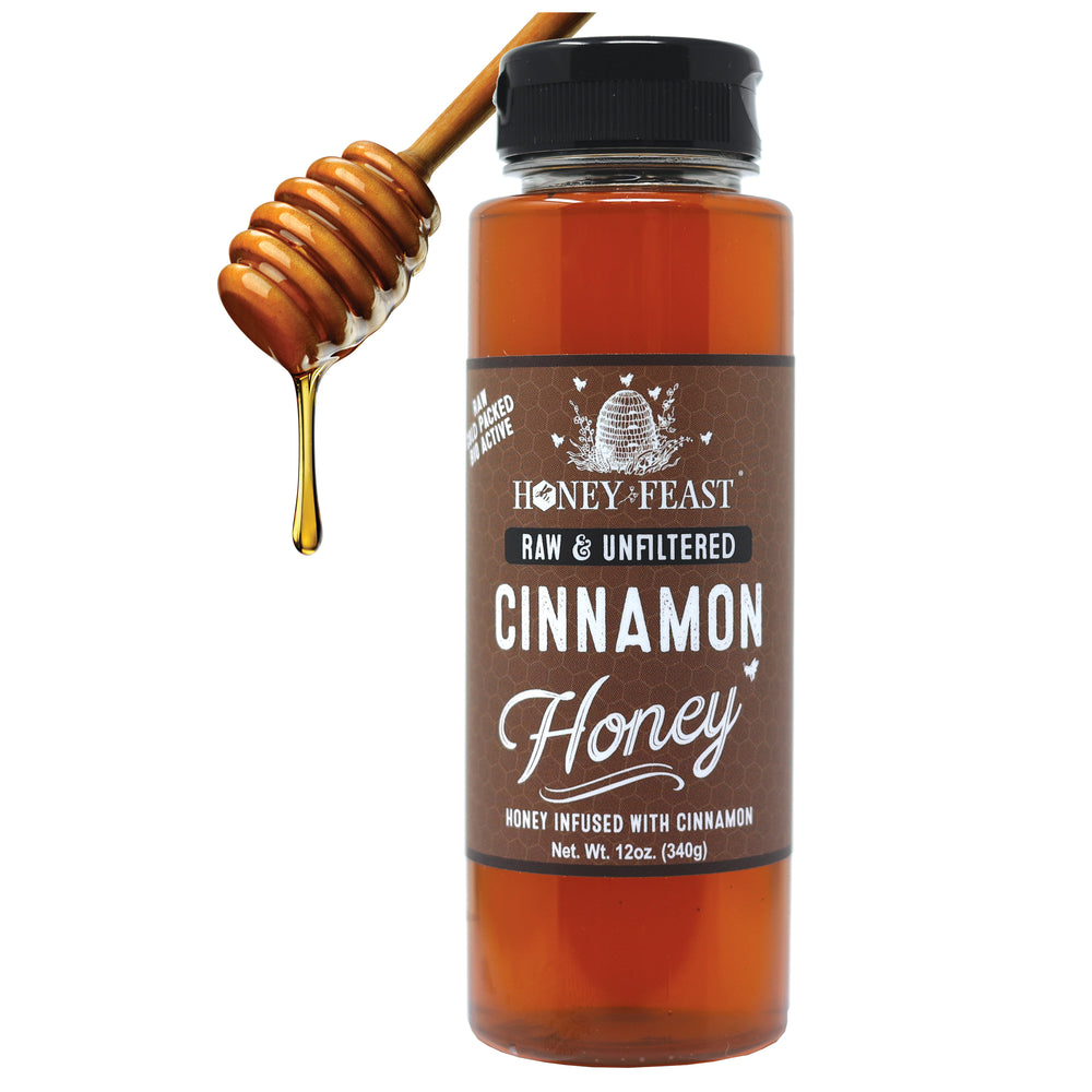 HONEY FEAST Cinnamon Honey 12oz – Organic Cinnamon Infused Honey, Raw Unfiltered Honey, Delicious Natural Sweetener for Tea, Toast, and More