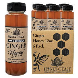 HONEY FEAST 12oz 6 Pack Ginger Honey | Pure Ginger Root Enhanced Raw Honey | Authentic Florida Unfiltered Honey | Ideal for Beverages and Culinary Use