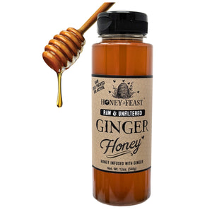 HONEY FEAST Ginger Honey, 12oz | Natural Ginger Root Infused Raw Honey | Unfiltered Florida Honey | Perfect for Tea and Cooking