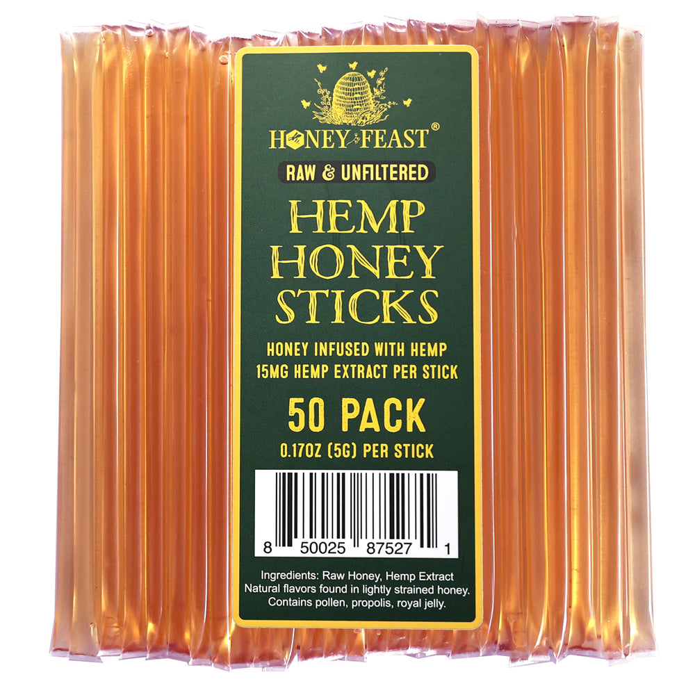 
            
                Load image into Gallery viewer, Honey Feast Hemp Honey Sticks 50-Pack - Natural Honey Infused with Hemp Extract, Crafted by Expert Beekeepers
            
        