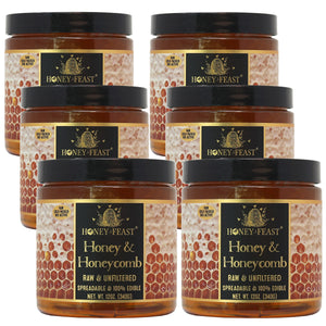
            
                Load image into Gallery viewer, Honey Feast 12oz Honey and Honeycomb 6-Pack - Premium Raw Unfiltered Honey with Natural Comb, Ideal for Connoisseurs, Perfect Multipack Gift for Honey Lovers
            
        