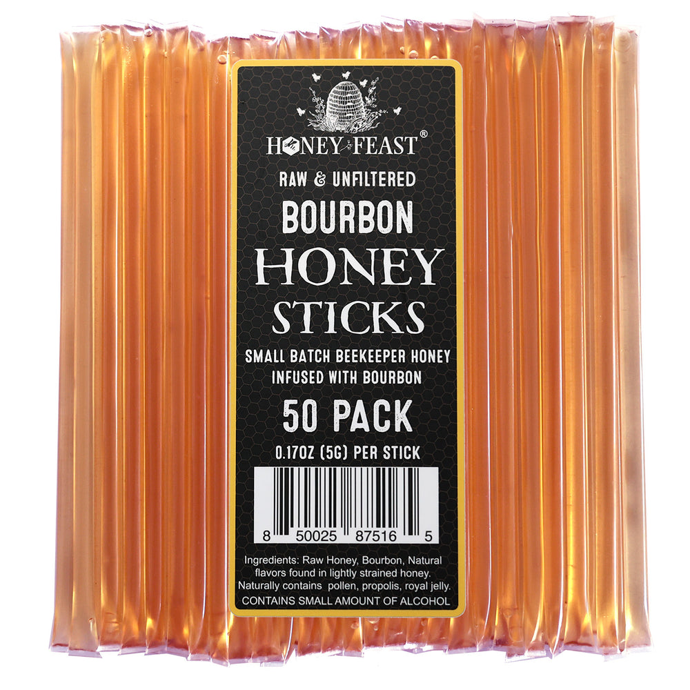 HONEY FEAST Bourbon Honey Sticks | 50-Pack | Artisan Beekeeper Craft | Raw Honey Straws | Flavored Honey Sticks | Ideal Bourbon-Inspired Gifts