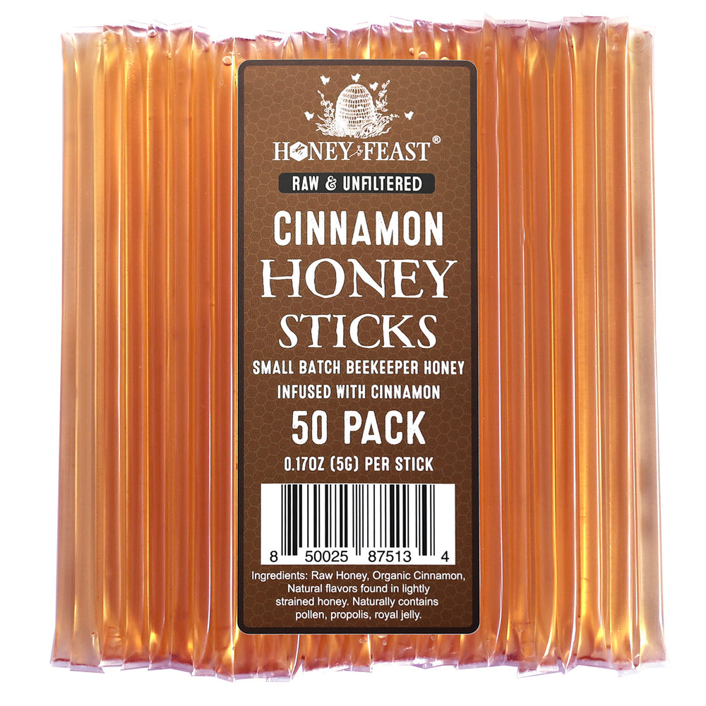 
            
                Load image into Gallery viewer, HONEY FEAST Cinnamon Honey Sticks - 50 Pack, Organic Cinnamon Infused, Honey Sticks for Tea, On-the-Go Sweetener, Natural &amp;amp; Delicious Snack
            
        