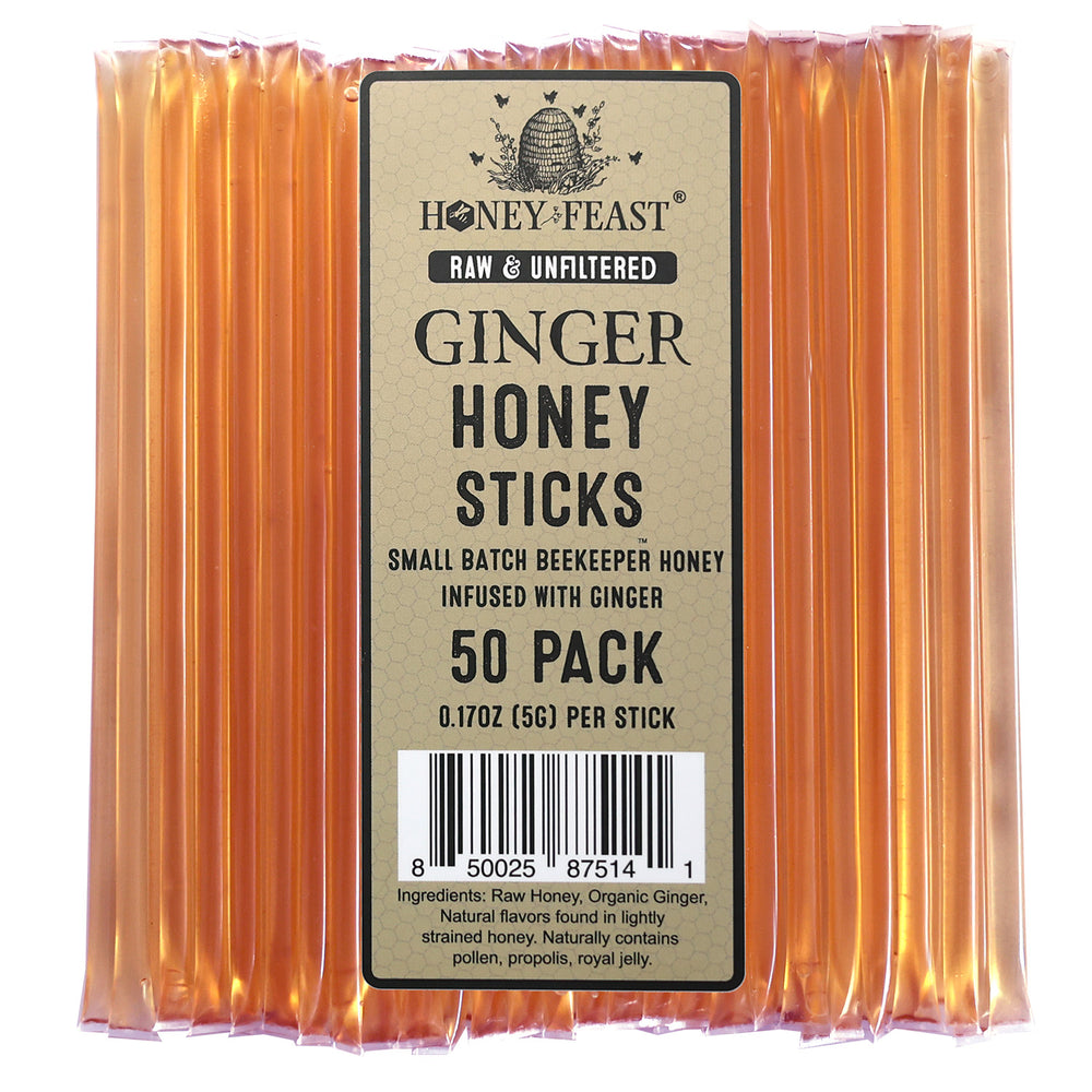 HONEY FEAST Ginger Honey Sticks, 50-Pack | Infused Honey Sticks for Tea | Gourmet Flavored Honey | Made in Florida, USA