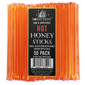 HONEY FEAST 50-Pack Hot Honey Sticks - Spicy Flavored Honey Straws for On-the-Go Sweetness and Heat