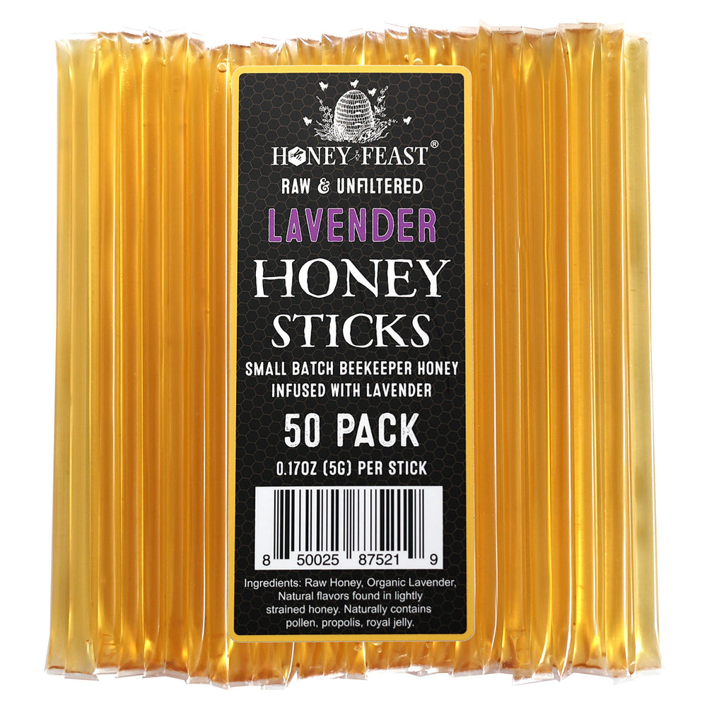 HONEY FEAST Organic Lavender Honey Sticks, 50-Pack | Infused Honey Sticks for Tea | Gourmet Flavored Honey | Made in Florida, USA