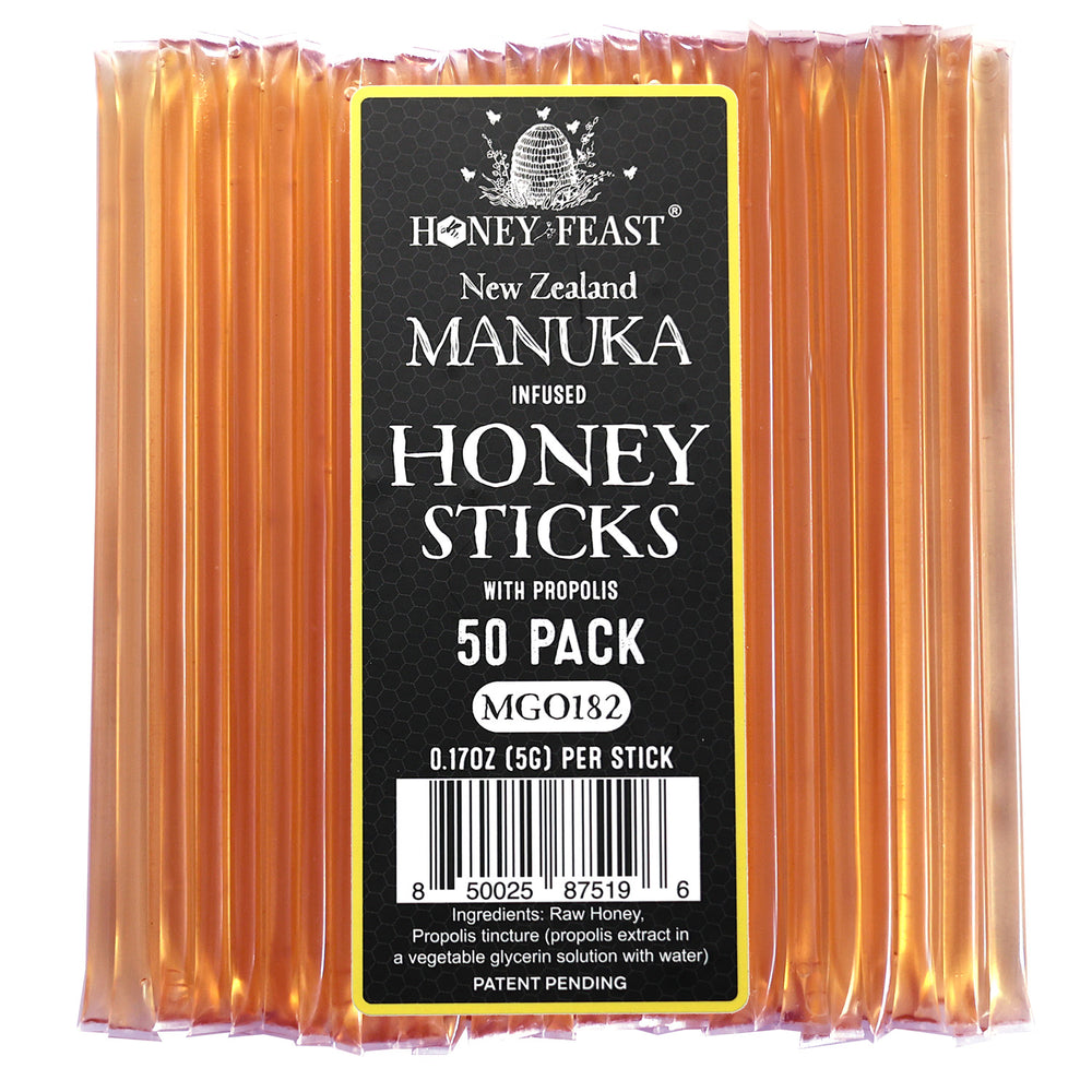 HONEY FEAST Manuka Honey Sticks with Propolis | Raw Manuka Honey Infused Honey Straws | New Zealand Manuka Honey | MGO182 | Patent Pending Formula | 50-Pack