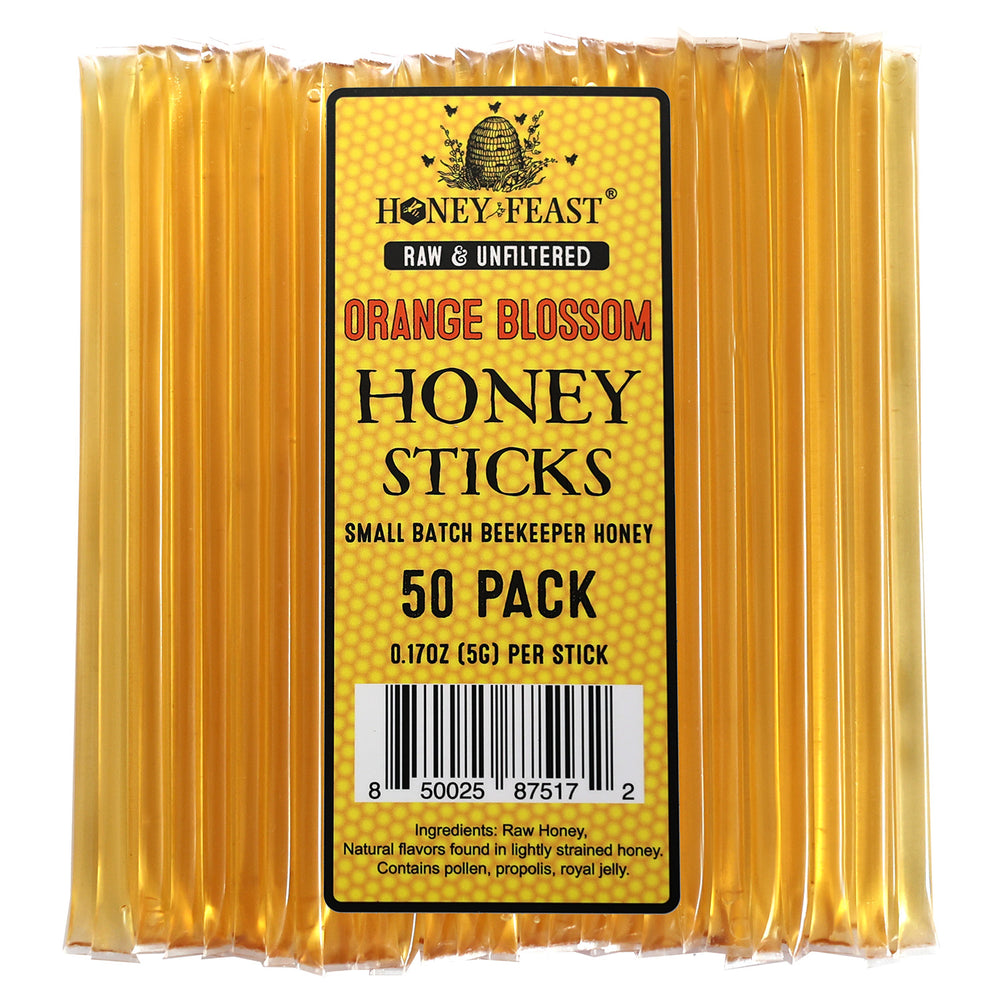 HONEY FEAST Orange Blossom Honey Sticks - 50 Pack Raw Honey Stick, Pure & Unpasteurized Honey from Oranges, Perfect On-the-Go Snack
