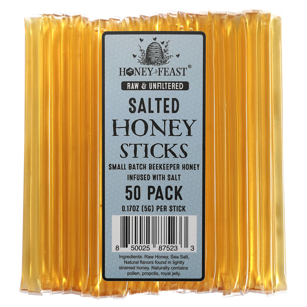 HONEY FEAST Flavored Honey Sticks | Salty Honey Straws | 50-Pack Honeysticks for Snacking & Sweetening Beverages