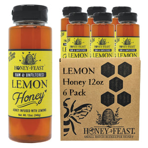 HONEY FEAST Organic Lemon Honey 12oz 6-Pack | Zesty Florida Lemon Infused Honey | Unfiltered & Pure | Enhance Your Culinary & Tea Experience