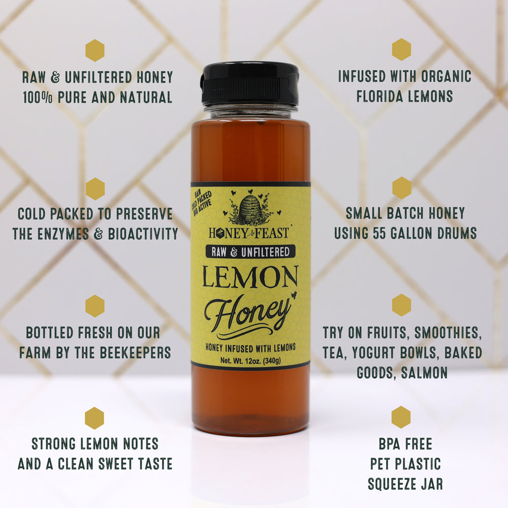 HONEY FEAST Organic Lemon Honey 12oz | Raw Unfiltered Honey Infused with Florida Organic Lemon Zest | Perfect for Tea, Gourmet Dishes & Unique Gifts